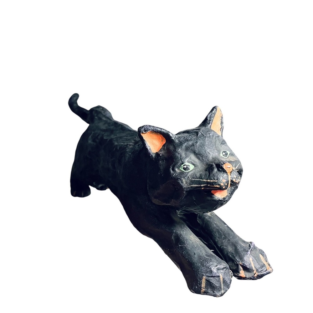 Outsider Art Cat - paper mache purple black paint cat sculpture folk art Vintage
